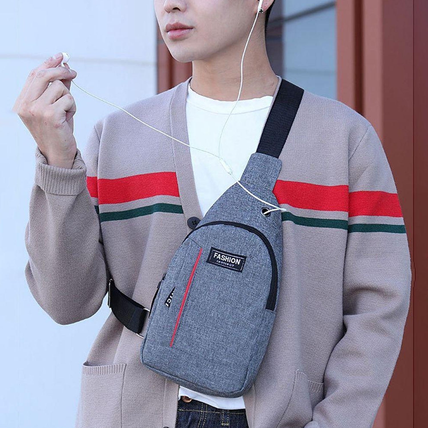 0323 Grey Waterproof Anti Theft Crossbody Fanny Pack Waist Bag Pu Leather Shoulder Bags Chest Men Casual Fashion Usb Charging Earphone Hook Sling Travel Messengers Bag - My Store