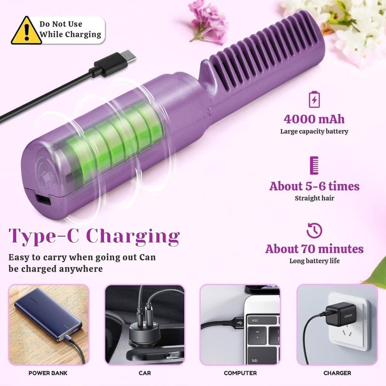 Meneflix Portable Mini Hair Straightener Cordless Rechargeable Mini Adjustable Hair Straightener Hot Comb