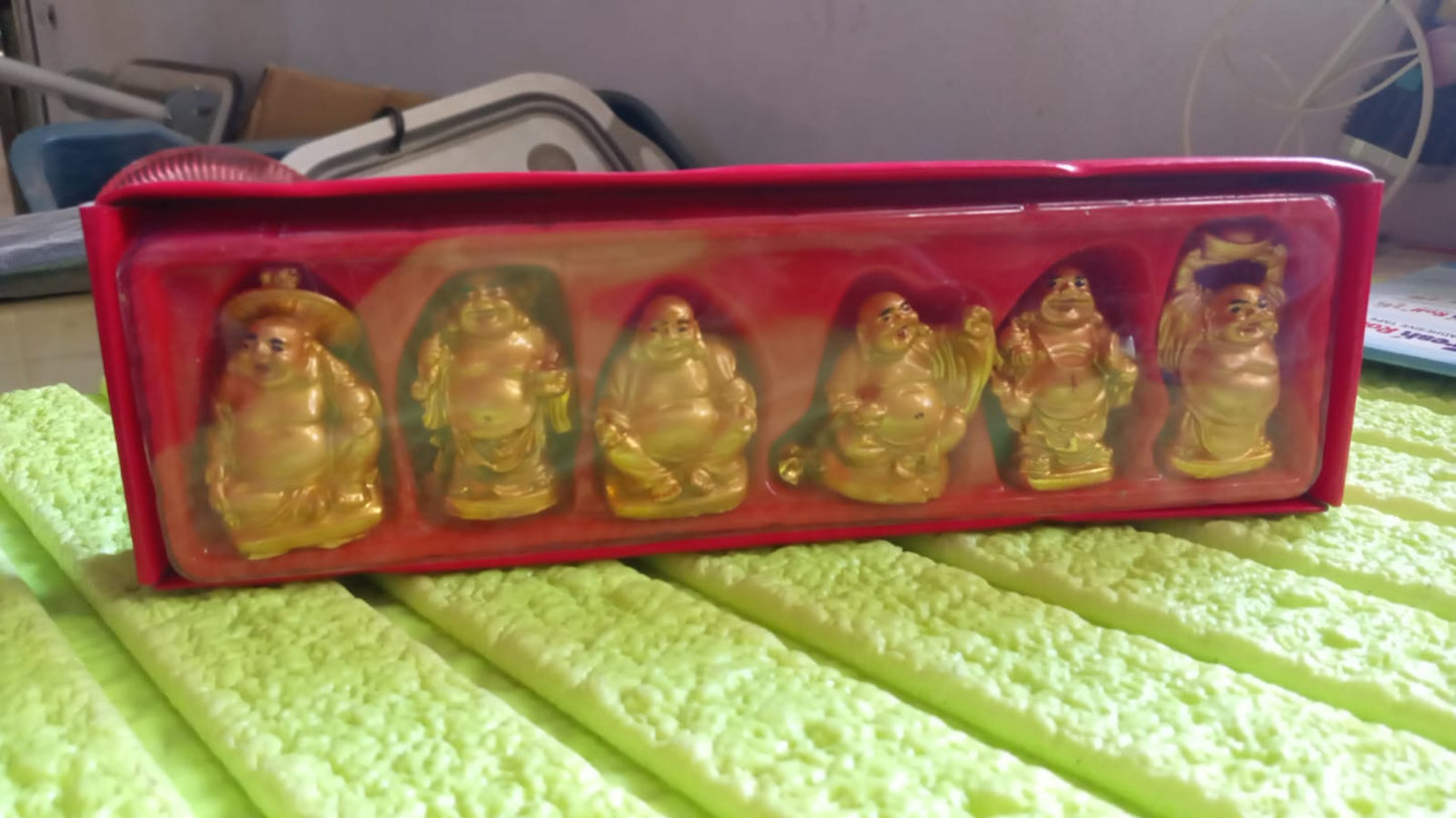 17924 Golden Laughing Buddha Set Of Six Pieces Statue For Happiness Wealth  Good Luck Decor For Wealth And Success (6 Pcs Set)