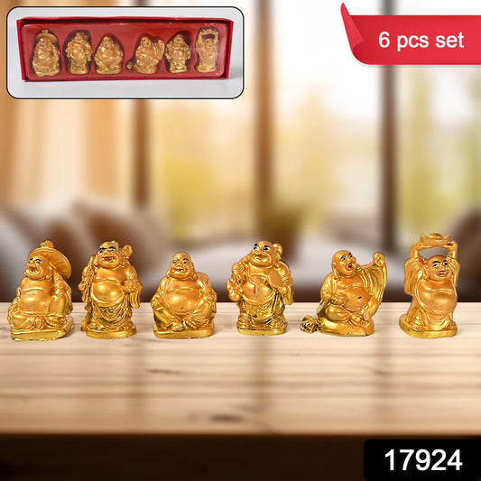 17924 Golden Laughing Buddha Set Of Six Pieces Statue For Happiness Wealth  Good Luck Decor For Wealth And Success (6 Pcs Set)